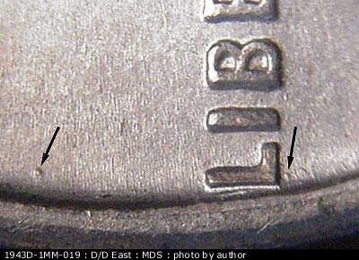 Die-stage B marker on 1943D•1MM•019 (1943 Repunched Mint Mark).