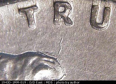 Die-stage B marker on 1943D•1MM•019 (1943 Repunched Mint Mark).