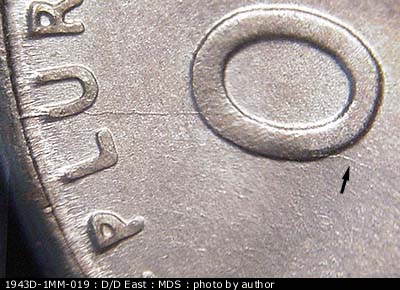Die-stage B marker on 1943D•1MM•019 (1943 Repunched Mint Mark).