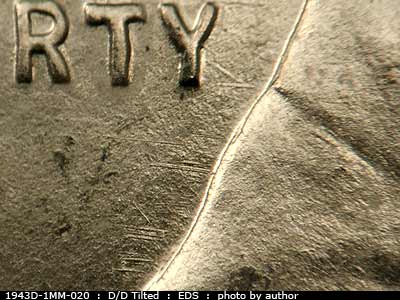 Die-stage A marker on 1943D•1MM•020 (1943 Repunched Mint Mark).