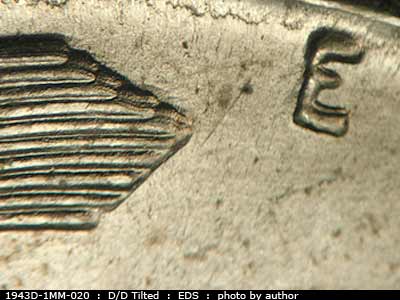 Die-stage A marker on 1943D•1MM•020 (1943 Repunched Mint Mark).