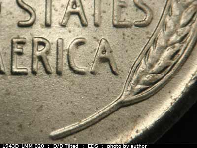 Die-stage A marker on 1943D•1MM•020 (1943 Repunched Mint Mark).