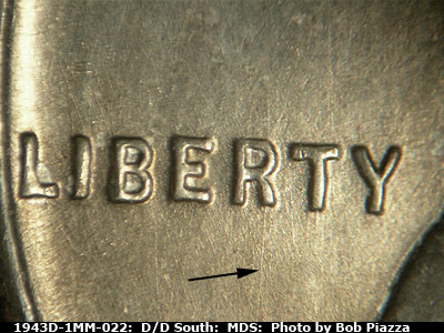Die-stage B marker on 1943D•1MM•022 (1943 Repunched Mint Mark).