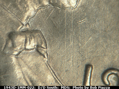 Die-stage B marker on 1943D•1MM•022 (1943 Repunched Mint Mark).
