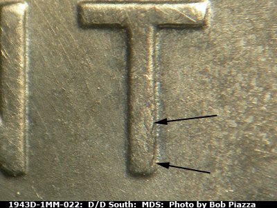 Die-stage B marker on 1943D•1MM•022 (1943 Repunched Mint Mark).
