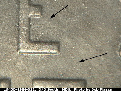 Die-stage B marker on 1943D•1MM•022 (1943 Repunched Mint Mark).