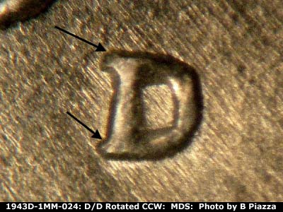 Die-stage B marker on 1943D•1MM•024 (1943 Repunched Mint Mark).