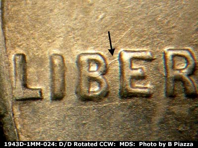 Die-stage B marker on 1943D•1MM•024 (1943 Repunched Mint Mark).