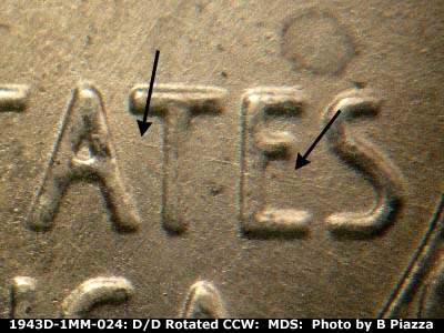 Die-stage B marker on 1943D•1MM•024 (1943 Repunched Mint Mark).