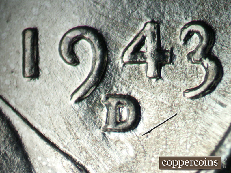1943 Lincoln cent obverse, CopperCoins die 1943D•1MM•026.