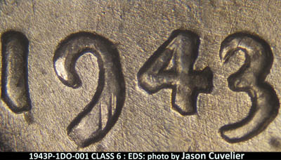 Die-stage A marker on 1943P•1DO•001 (1943 Doubled Die Obverse).