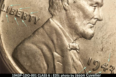 Die-stage A marker on 1943P•1DO•001 (1943 Doubled Die Obverse).