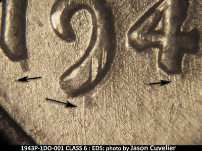 Die-stage A marker on 1943P•1DO•001 (1943 Doubled Die Obverse).