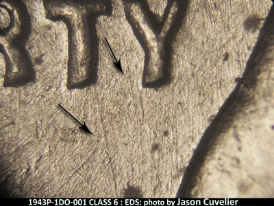 Die-stage A marker on 1943P•1DO•001 (1943 Doubled Die Obverse).