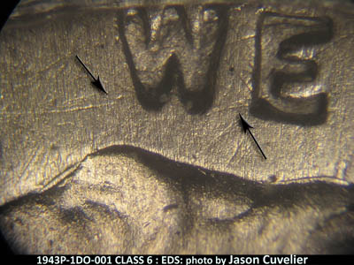 Die-stage A marker on 1943P•1DO•001 (1943 Doubled Die Obverse).