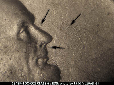 Die-stage A marker on 1943P•1DO•001 (1943 Doubled Die Obverse).
