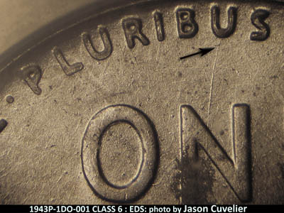 Die-stage A marker on 1943P•1DO•001 (1943 Doubled Die Obverse).