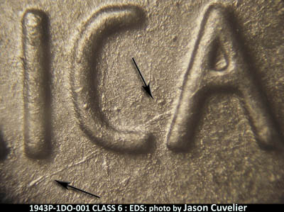 Die-stage A marker on 1943P•1DO•001 (1943 Doubled Die Obverse).