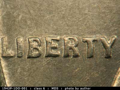 Die-stage B marker on 1943P•1DO•001 (1943 Doubled Die Obverse).