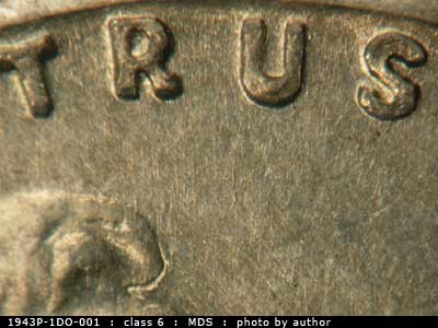 Die-stage B marker on 1943P•1DO•001 (1943 Doubled Die Obverse).
