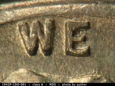 Die-stage B marker on 1943P•1DO•001 (1943 Doubled Die Obverse).