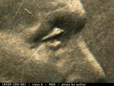 Die-stage B marker on 1943P•1DO•001 (1943 Doubled Die Obverse).