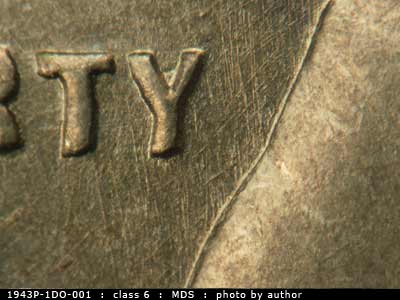 Die-stage B marker on 1943P•1DO•001 (1943 Doubled Die Obverse).
