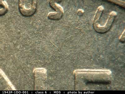 Die-stage B marker on 1943P•1DO•001 (1943 Doubled Die Obverse).