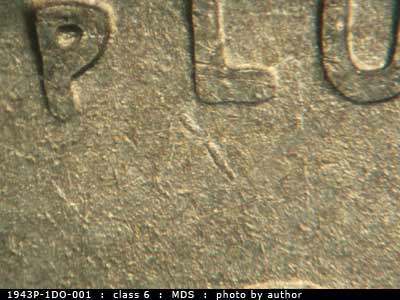 Die-stage B marker on 1943P•1DO•001 (1943 Doubled Die Obverse).