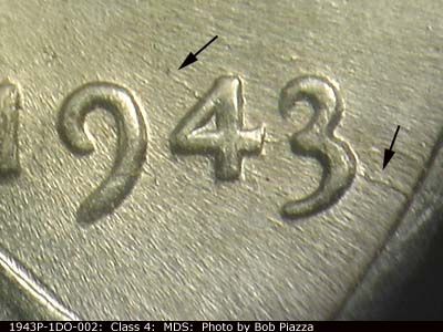 Die-stage B marker on 1943P•1DO•002 (1943 Doubled Die Obverse).