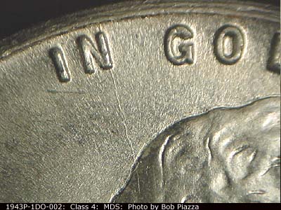 Die-stage B marker on 1943P•1DO•002 (1943 Doubled Die Obverse).