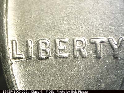 Die-stage B marker on 1943P•1DO•002 (1943 Doubled Die Obverse).