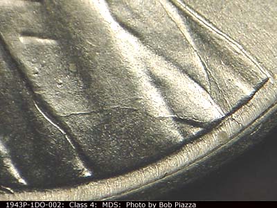 Die-stage B marker on 1943P•1DO•002 (1943 Doubled Die Obverse).