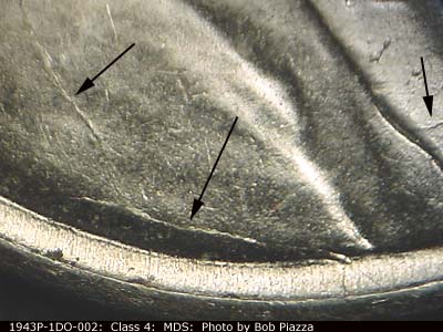 Die-stage B marker on 1943P•1DO•002 (1943 Doubled Die Obverse).