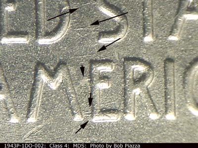Die-stage B marker on 1943P•1DO•002 (1943 Doubled Die Obverse).