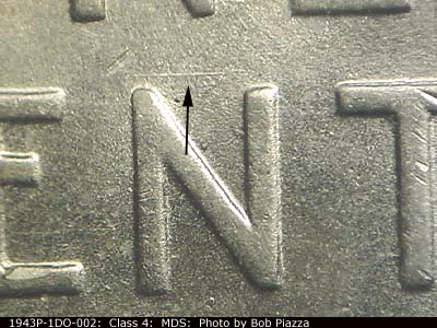 Die-stage B marker on 1943P•1DO•002 (1943 Doubled Die Obverse).