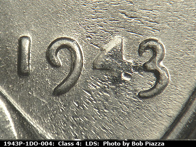 Die-stage C marker on 1943P•1DO•004 (1943 Doubled Die Obverse).