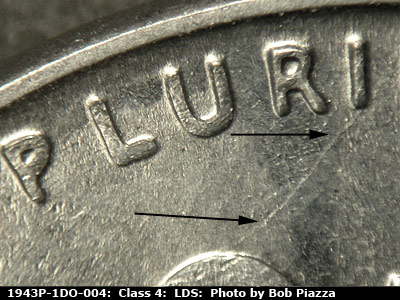 Die-stage C marker on 1943P•1DO•004 (1943 Doubled Die Obverse).