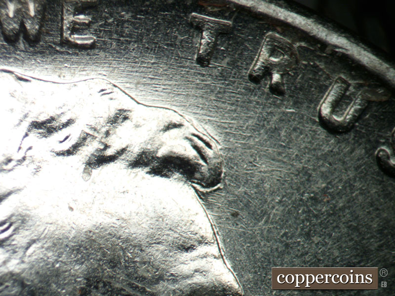 Die-stage B marker on 1943P•1DO•008 (1943 Doubled Die Obverse).