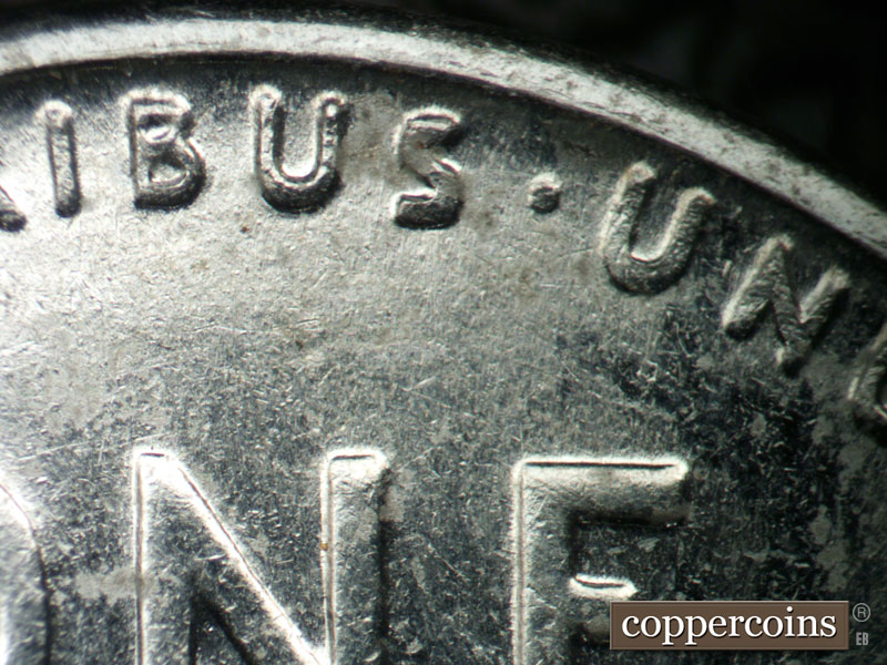 Die-stage B marker on 1943P•1DO•008 (1943 Doubled Die Obverse).