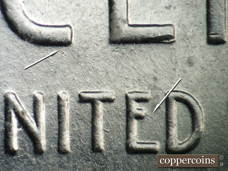 Die-stage B marker on 1943P•1DO•008 (1943 Doubled Die Obverse).