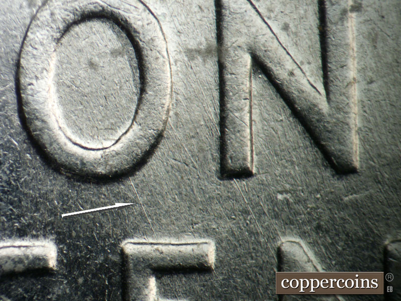 Die-stage B marker on 1943P•1DO•008 (1943 Doubled Die Obverse).