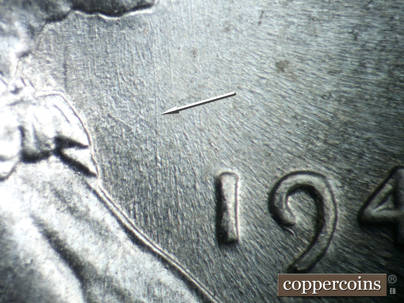 Die-stage C marker on 1943P•1DO•008 (1943 Doubled Die Obverse).