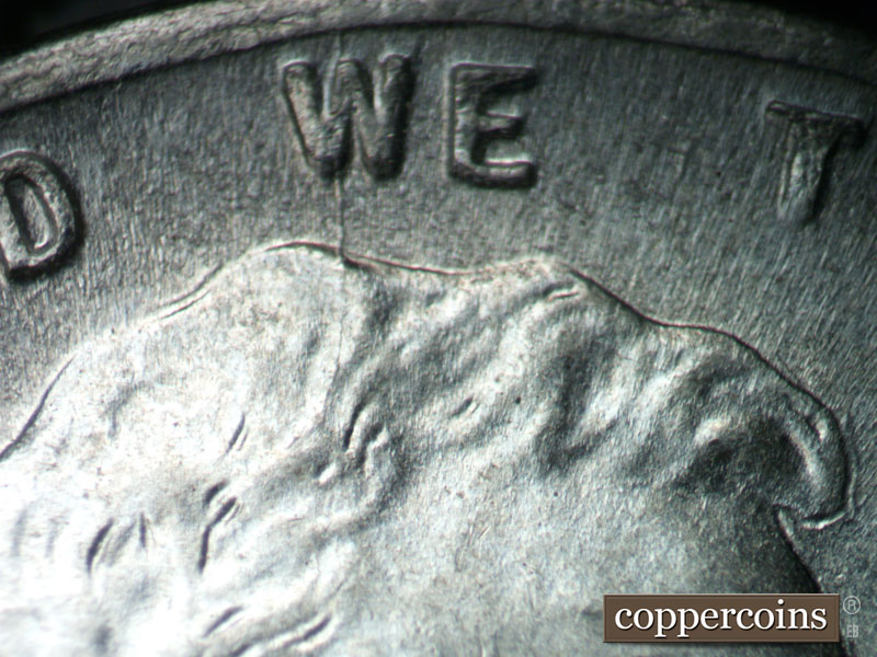 Die-stage C marker on 1943P•1DO•008 (1943 Doubled Die Obverse).