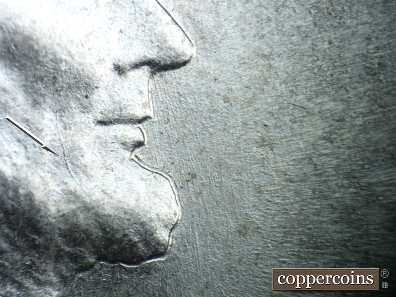 Die-stage C marker on 1943P•1DO•008 (1943 Doubled Die Obverse).