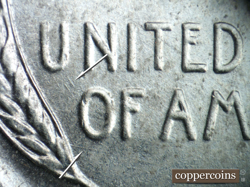 Die-stage C marker on 1943P•1DO•008 (1943 Doubled Die Obverse).