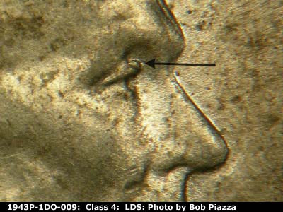 Die-stage C marker on 1943P•1DO•009 (1943 Doubled Die Obverse).