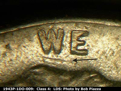 Die-stage C marker on 1943P•1DO•009 (1943 Doubled Die Obverse).