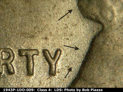 Die-stage C marker on 1943P•1DO•009 (1943 Doubled Die Obverse).