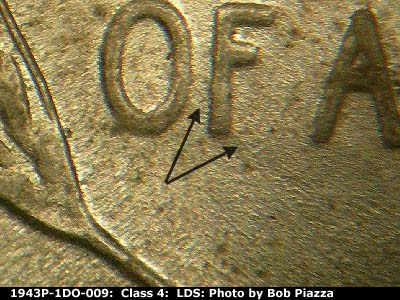 Die-stage C marker on 1943P•1DO•009 (1943 Doubled Die Obverse).